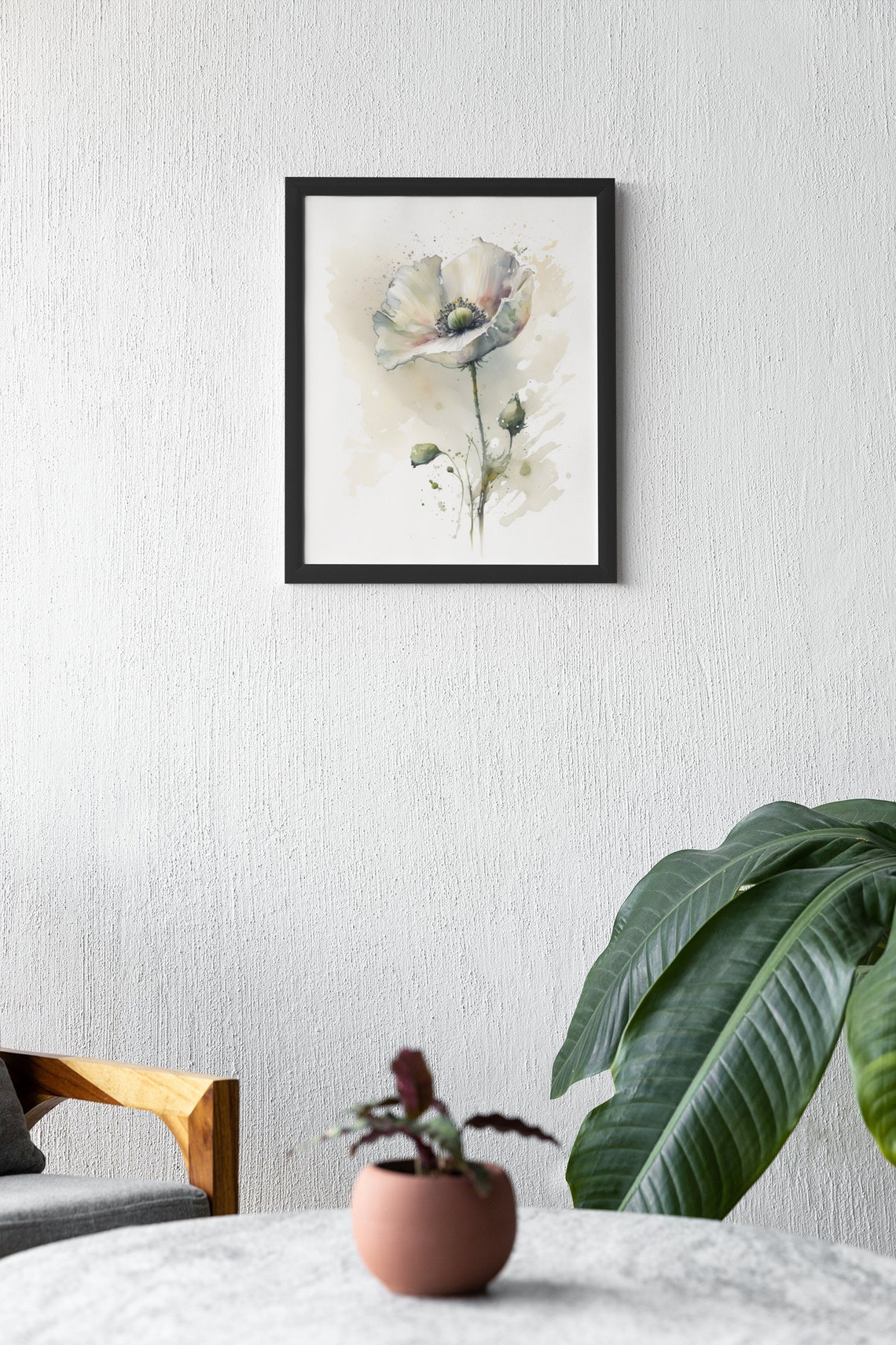 White Poppy Flower Watercolor Botanical Minimalist Wall Poster - Image 2