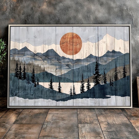 Mountain Landscape Framed Canvas Wall Art Silhouetted Pine Trees Painting Print Sunset Glow Poster Rustic Decor Gift For Home Ready To Hang