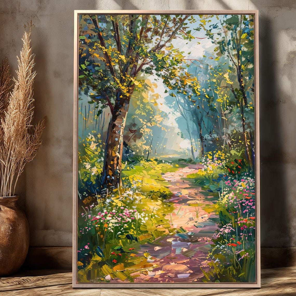 Sunlit Forest Path With Wildflowers Impressionist Nature Poster