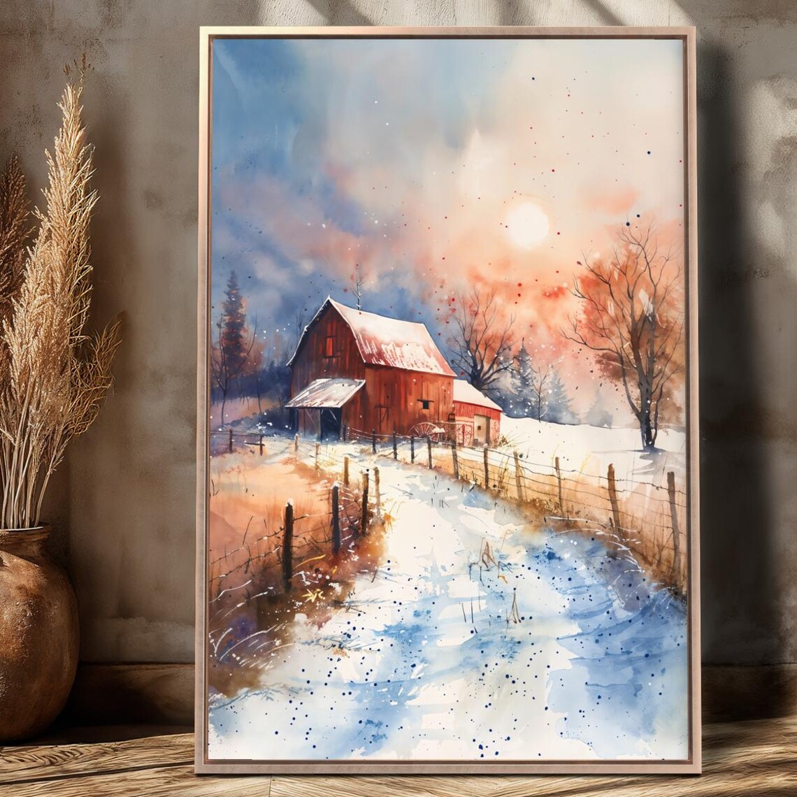 Serene Winter Morning Red Barn Frosty Field Watercolor Poster