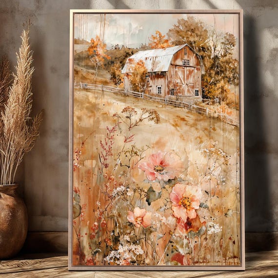 Farmhouse With Wildflowers Framed Canvas Wall Art Abstract Farm Life Painting Print Pastoral Scene Poster Rolling Hills Decor Ready To Hang
