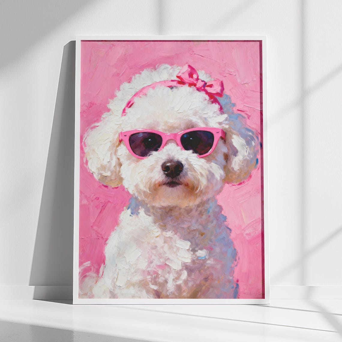 Bichon Frise Puppy in Pink Sunglasses Colorful Pet Portrait Poster