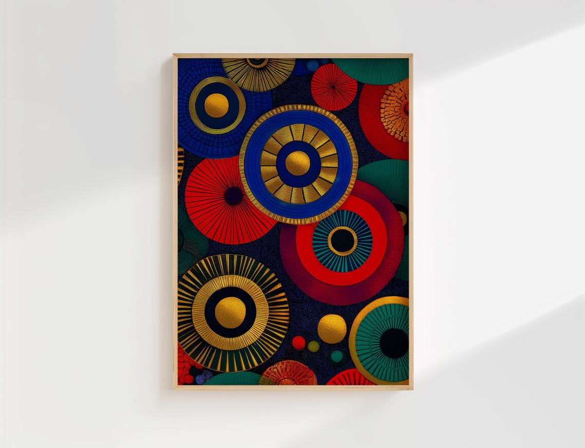 African Ankara Style Abstract Circles Blue Red Gold Art Poster