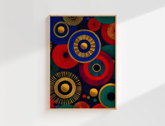 African Ankara Style Abstract Circles Blue Red Gold Art Poster