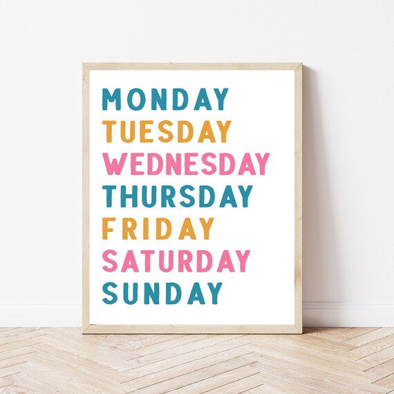Days Of The Week Colorful Kindergarten Classroom Learning Chart Wall Art