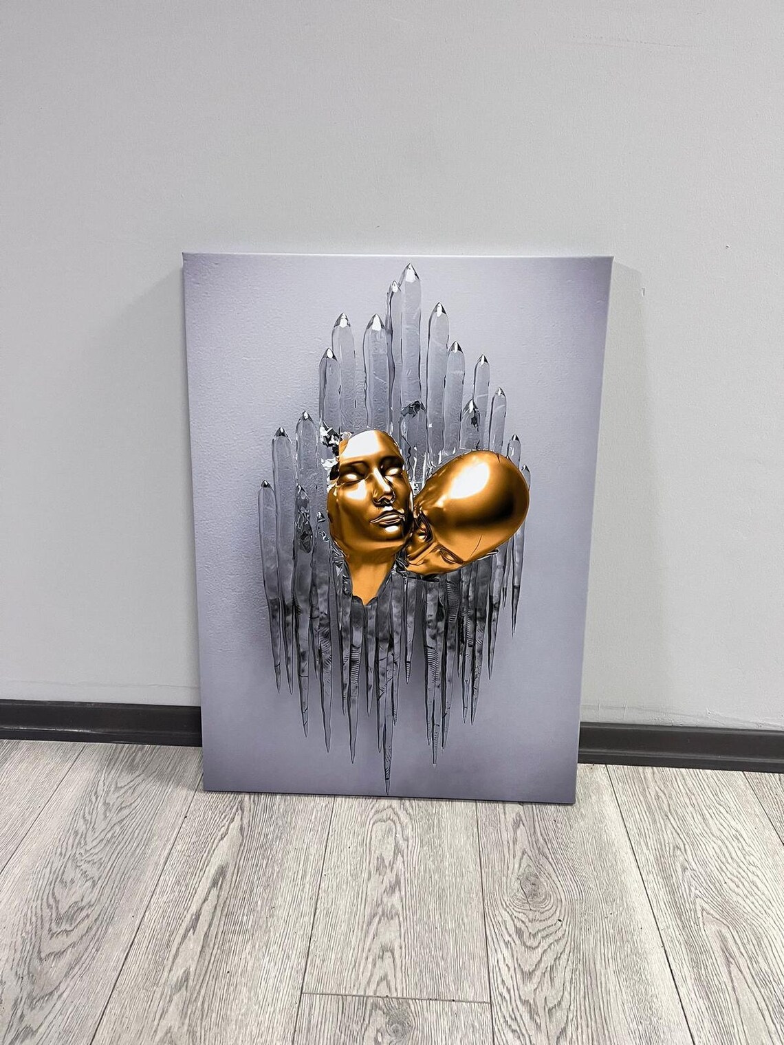 Golden Kissing Couple Heads Crystal Sculpture Modern Art Poster