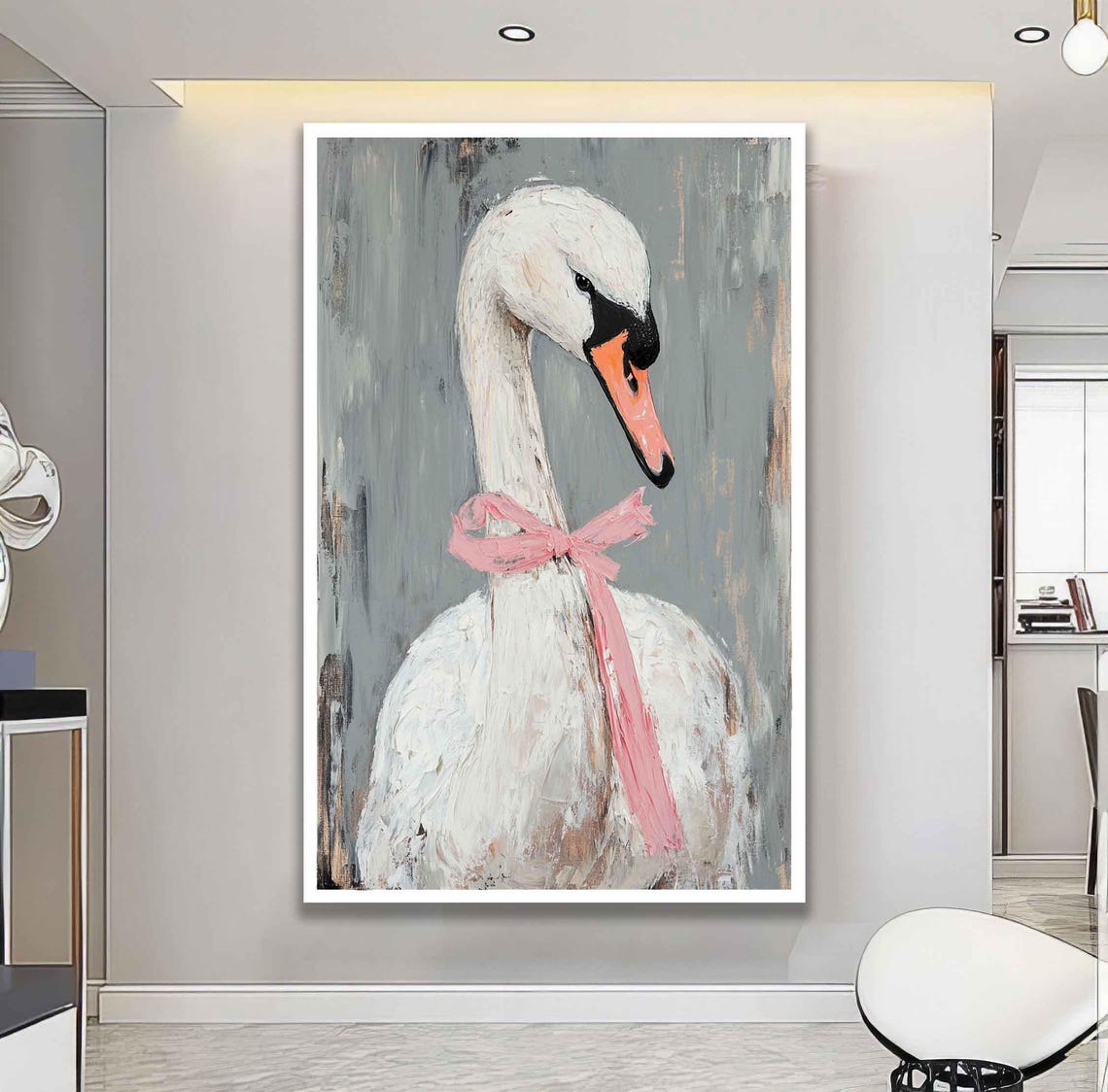 White Swan With Pink Ribbon Bow Whimsical Gray Background Art Print - Image 2