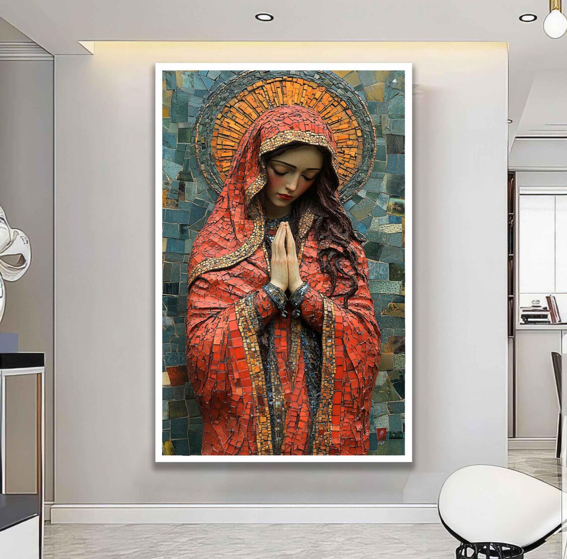 Praying Virgin Mary Mosaic Art Print With Red Veil And Golden Halo - Image 2