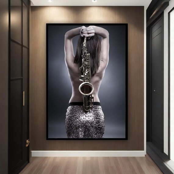 Woman Holding Saxophone Behind Head Jazz Music Photography Poster