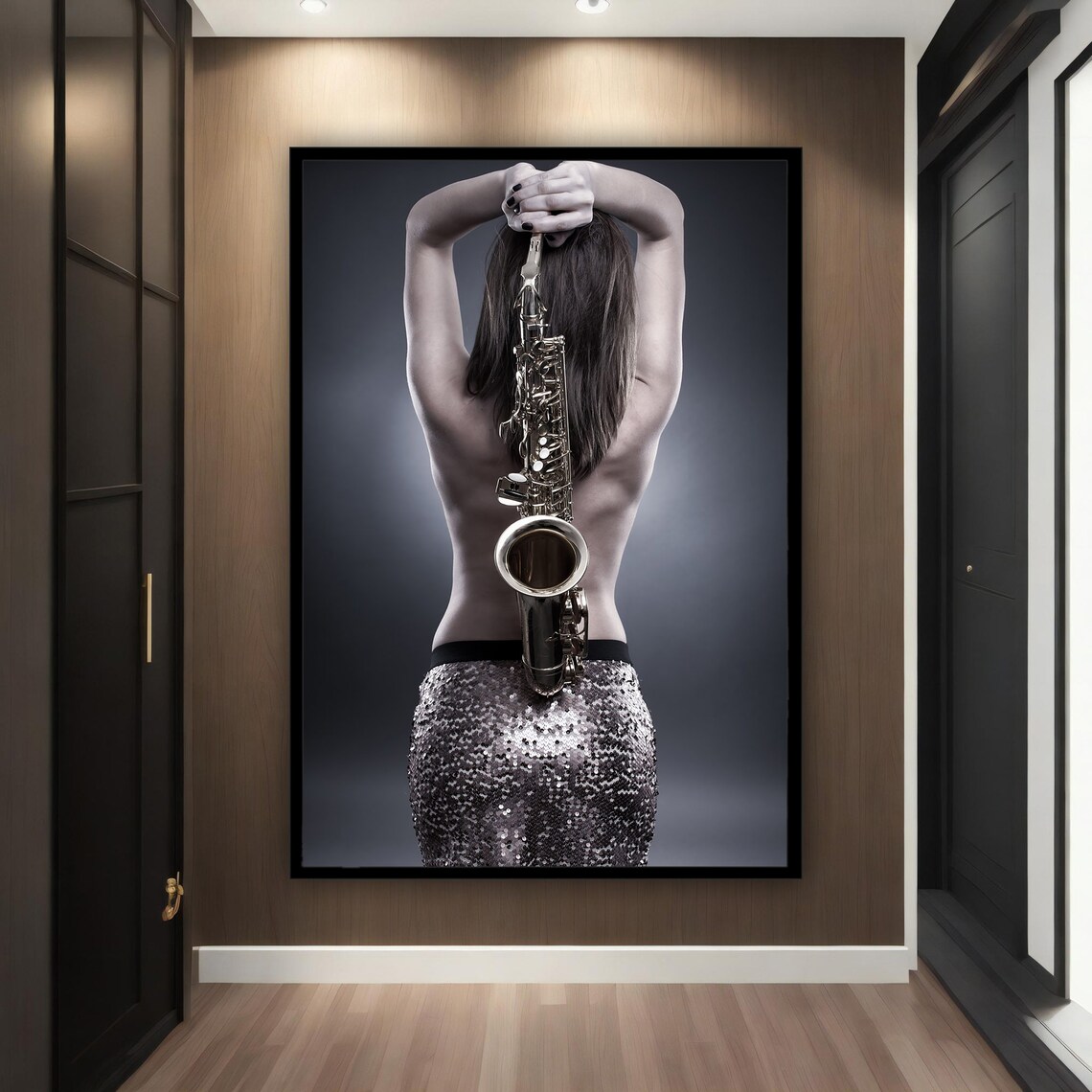Woman Holding Saxophone Behind Head Jazz Music Photography Poster