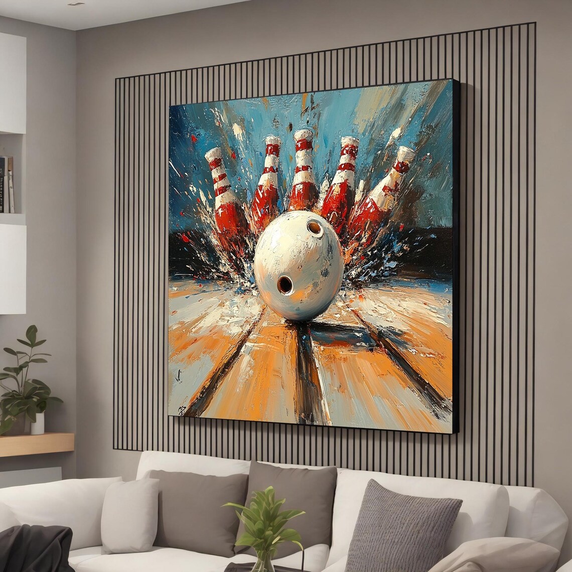 Bowling Ball Strike Pins Action Oil Painting Sports Wall Art