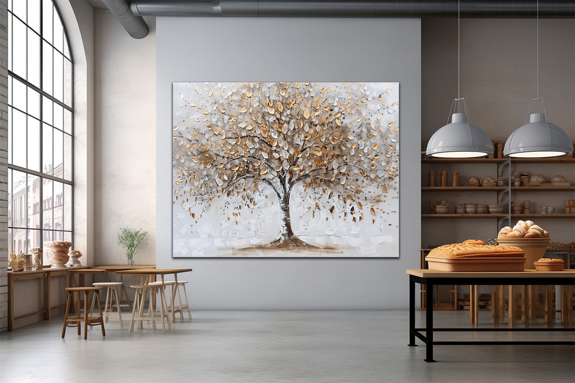 Golden Tree with White and Gold Leaves Light Neutral Nature Art Poster - Image 3