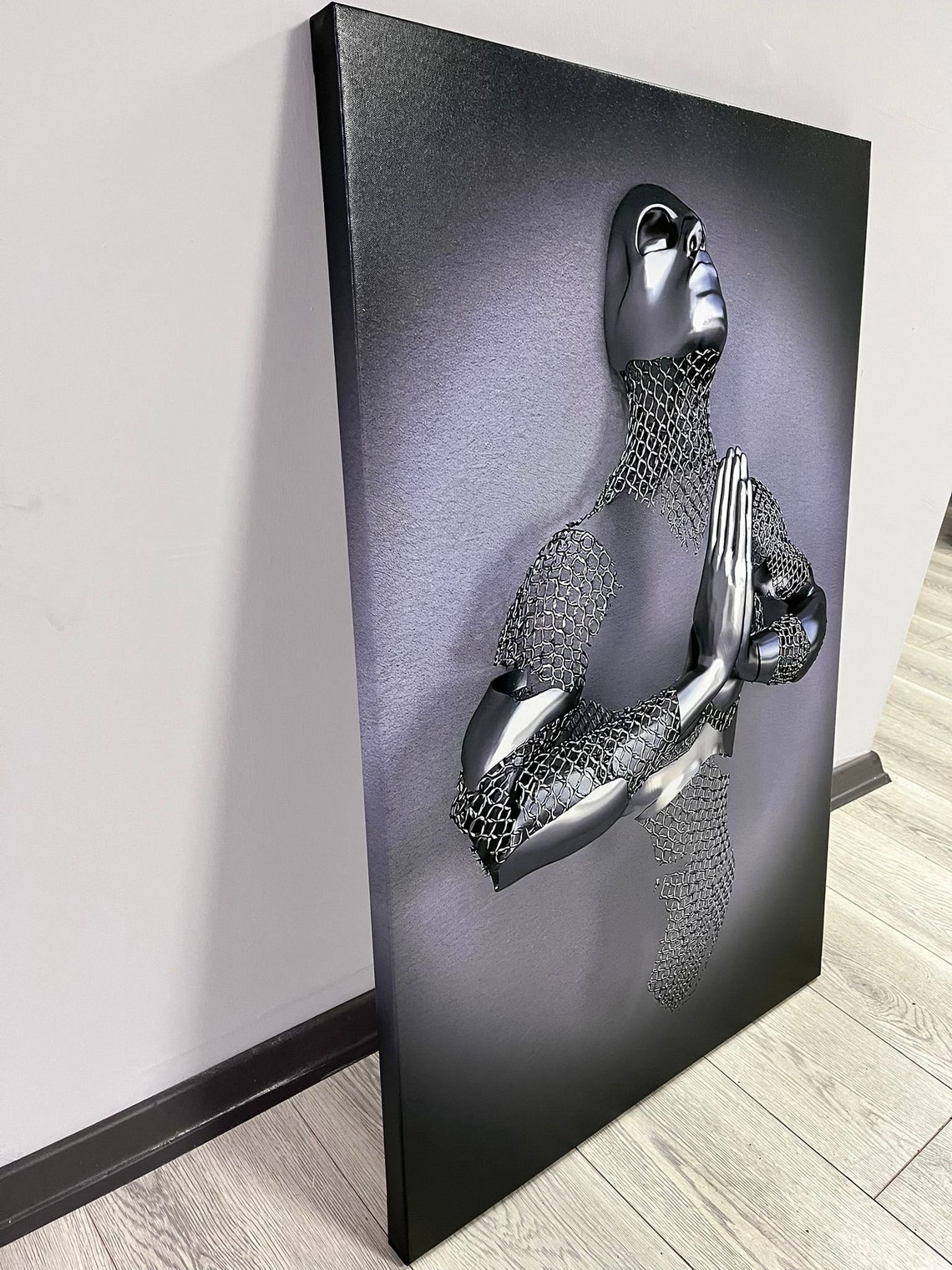 Black Chrome Praying Man Meditation 3D Modern Sculpture Poster