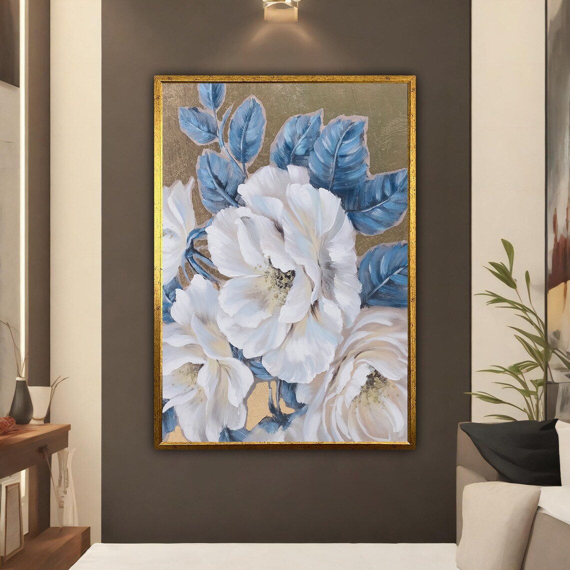 White Peonies Blue Leaves Gold Background Floral Oil Painting Poster - Image 3
