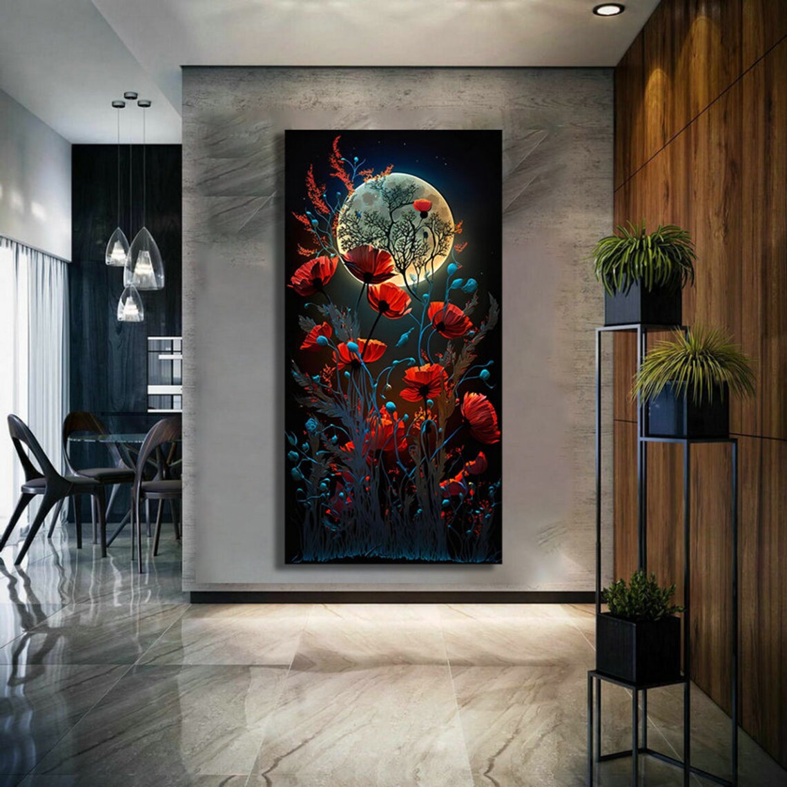 Red Poppies Full Moon Night Garden Painting Panoramic Floral Wall Art - Image 3