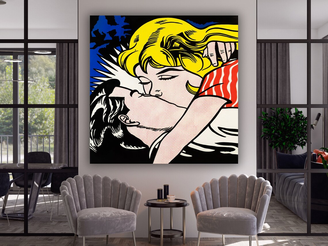 Comic Pop Art Couple Kiss Bold Halftone Retro Romance Style Wall Art