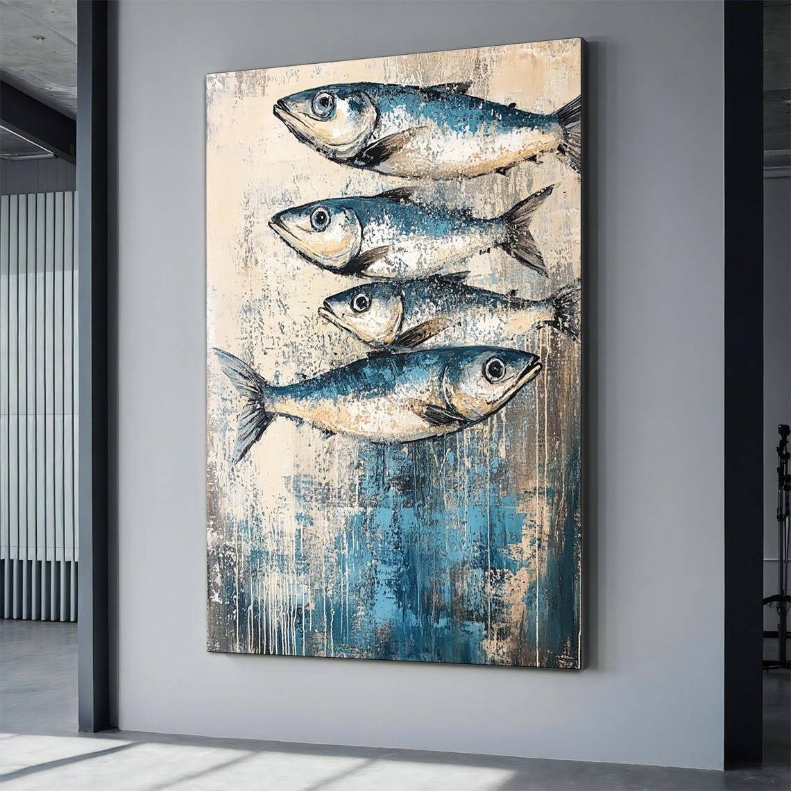 Four Blue Sardines On Textured Beige Rustic Coastal Fish Art Print