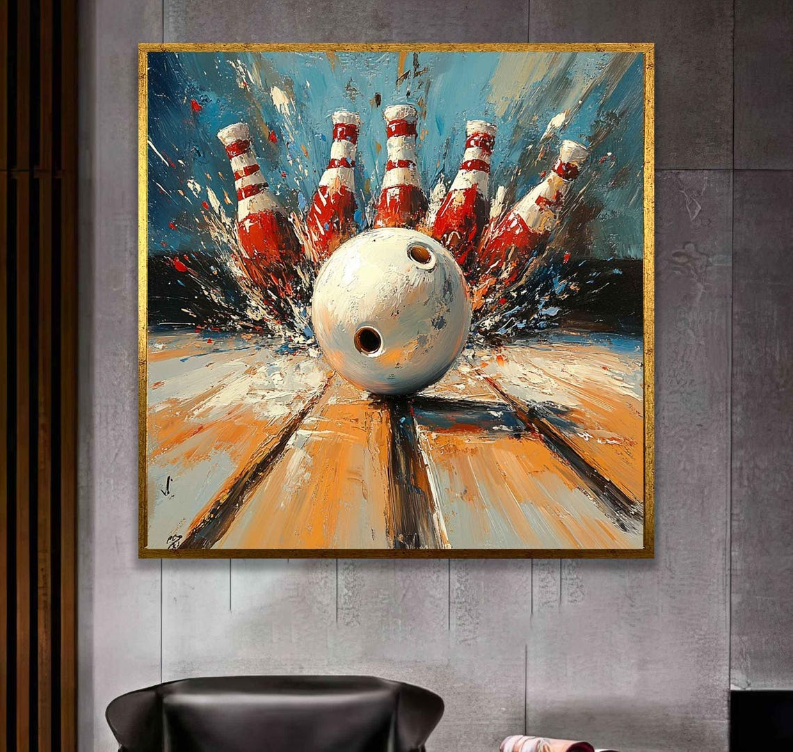 Bowling Ball Strike Pins Action Oil Painting Sports Wall Art - Image 3