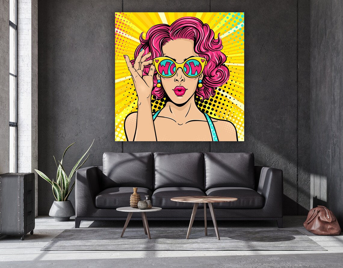 WOW Sunglasses Pink Hair Pop Art Comic Style Woman Retro Poster - Image 3