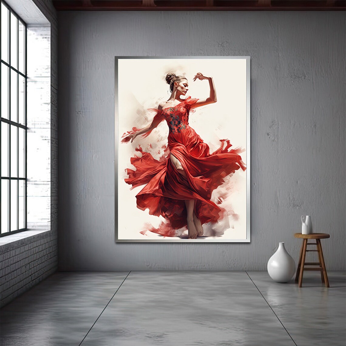 Woman In Flowing Red Dress Dancing Watercolor Elegant Dance Poster - Image 2