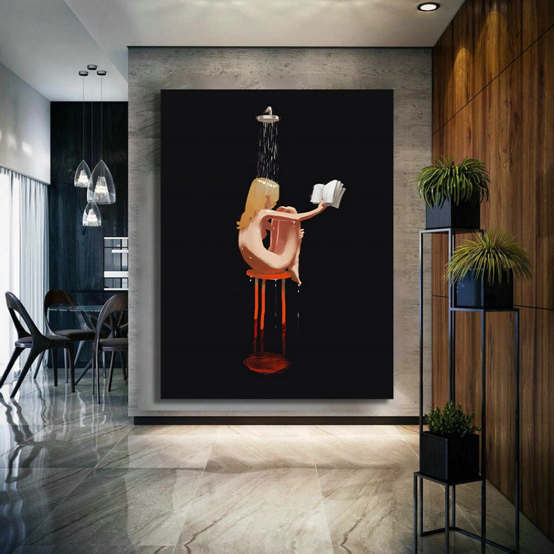 Woman Reading Book Under Shower Quirky Pop Art Bathroom Poster