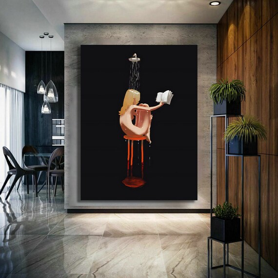 Woman Reading Book Under Shower Quirky Pop Art Bathroom Poster