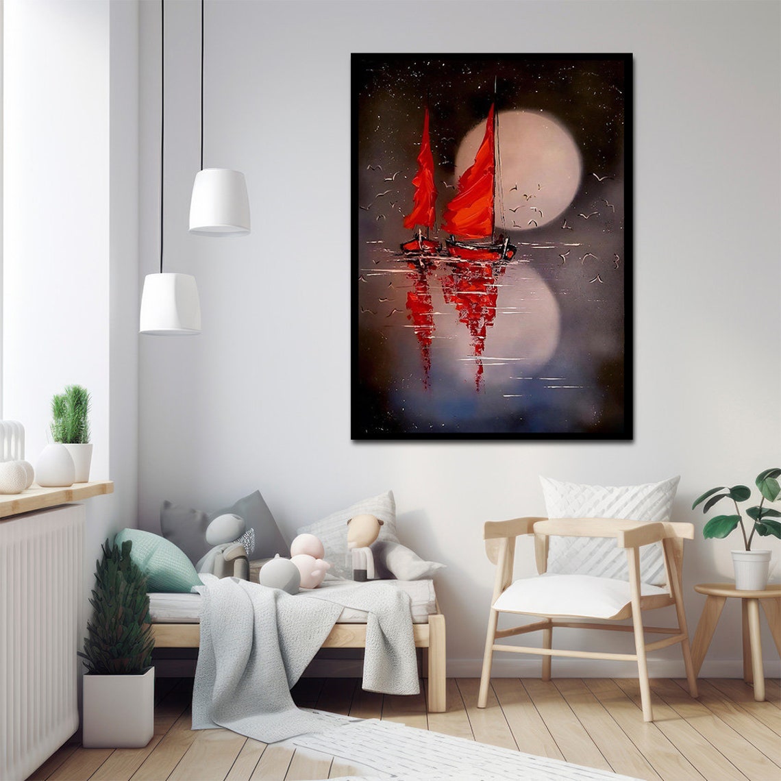 Perfect Landscape Painting Printed Painting Nature Art Moon Poster Red Sail Painting Ship Landscape Painting Black Red Painting - Image 3