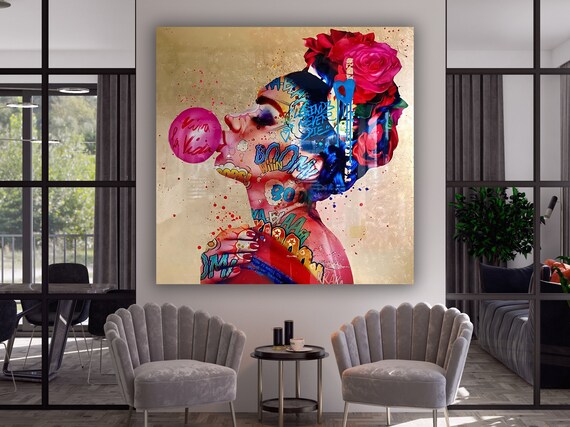 Bubble Gum Pop Art Woman Comic Style Graffiti Portrait Wall Art Print