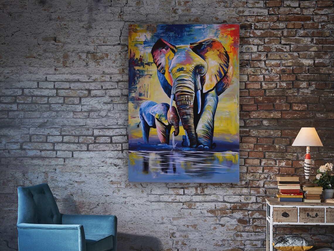 Colorful Elephant And Calf Drinking Water Vibrant Wildlife Poster - Image 3