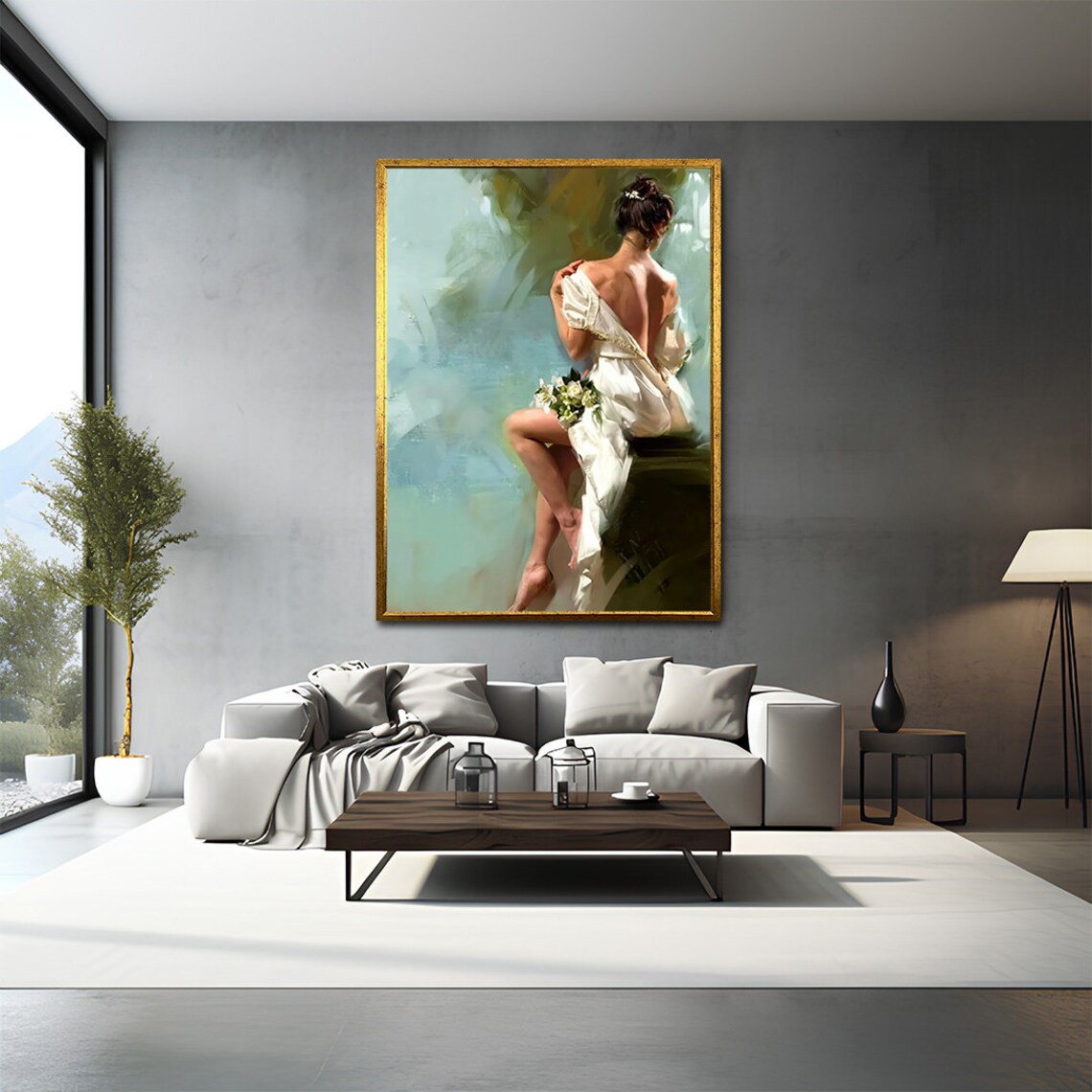 Woman In Flowing White Dress Romantic Classical Painting Soft Wall Art