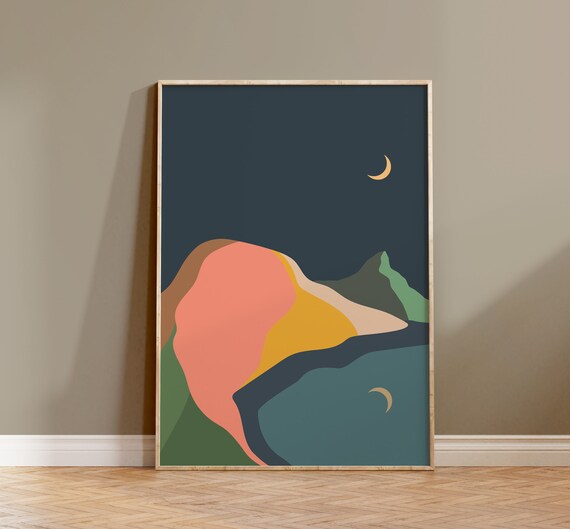 Mountain And Lake Wall Art Modern Landscape Poster Night Landscape Print Abstract Scenery Art Moon Mountain
