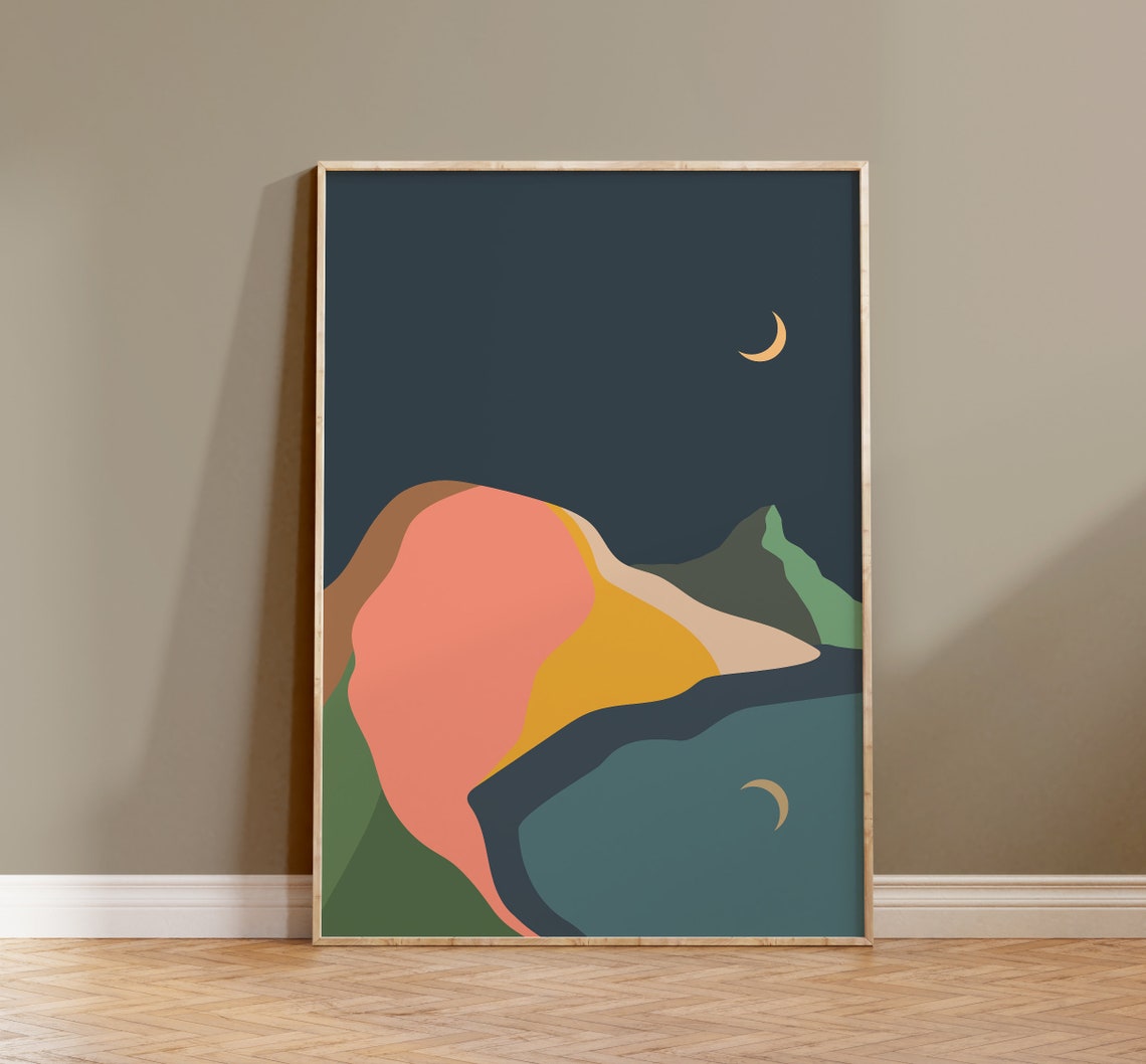 Moonlit Abstract Mountain Lake Night Sky Boho Modern Art Print
