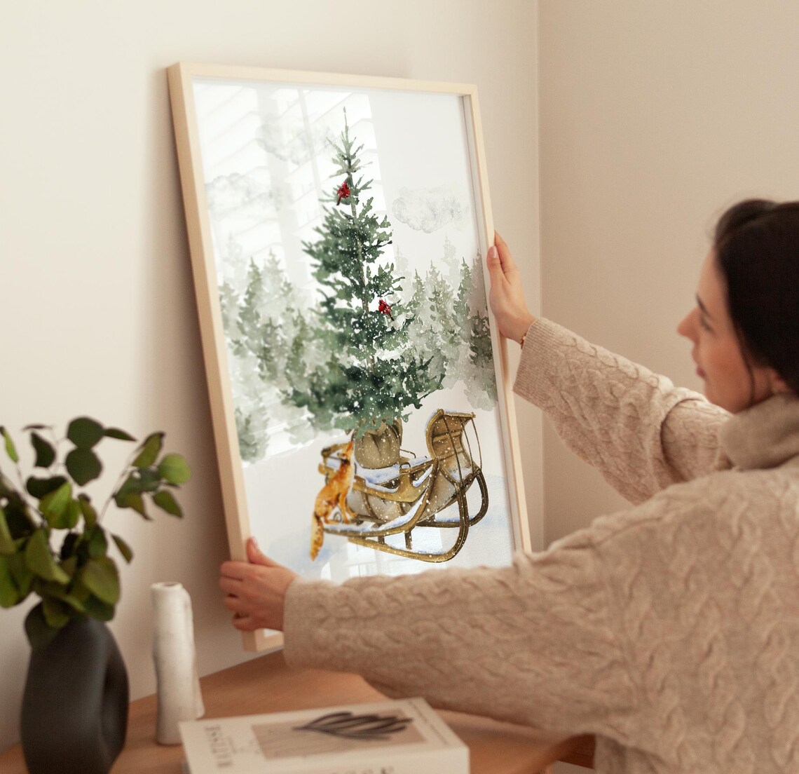 Red Fox On Wooden Sleigh With Pine Tree And Cardinals Wall Art - Image 4