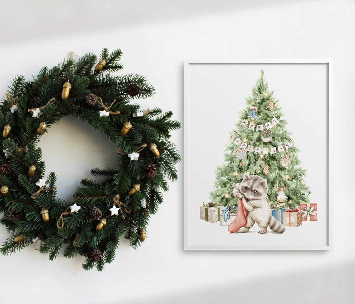 Christmas Wall Art Christmas Wall Art Winter Poster Christmas Watercolor Christmas Print Cozy Winter Art Raccoon Art - Image 4