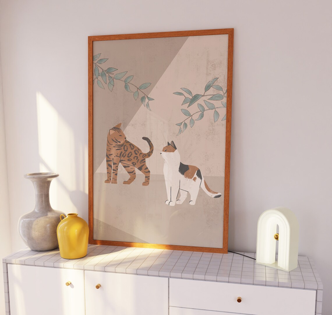 Cats and Plant Illustration, Boho Cat Art Print - Image 3
