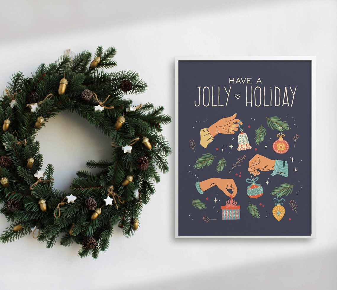 Have A Jolly Holiday Hands Hanging Bright Ornaments Navy Wall Art - Image 3