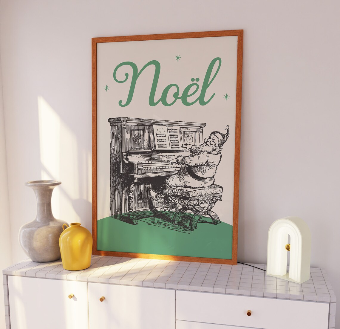 Noel Vintage Santa Playing Piano Cream Green Christmas Poster - Image 4
