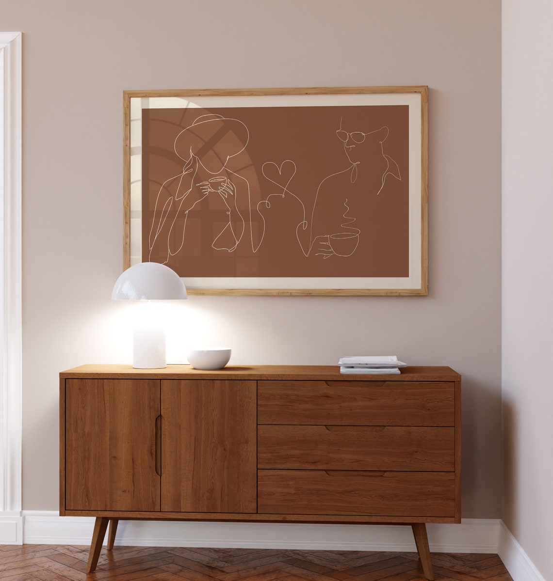 Coffee Couple Line Drawing Art Brown Minimalist Kitchen Cafe Poster - Image 2