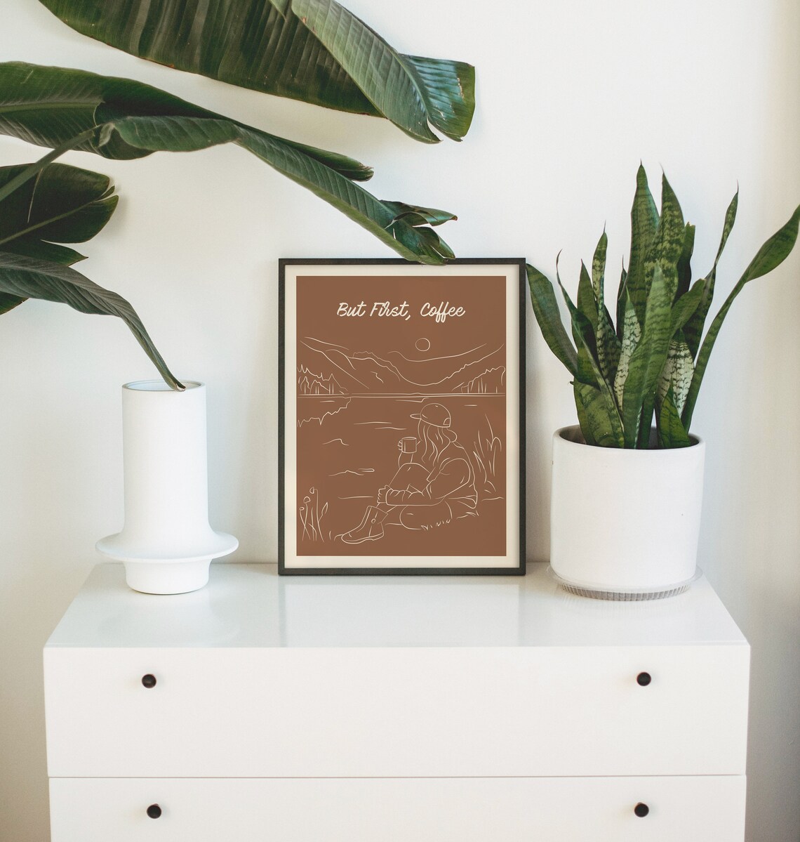 But First Coffee Art Coffee And Nature Artwork Lake And Mountain Drawing Drinking Coffee Print Coffee Bar Poster Line Drawing - Image 2