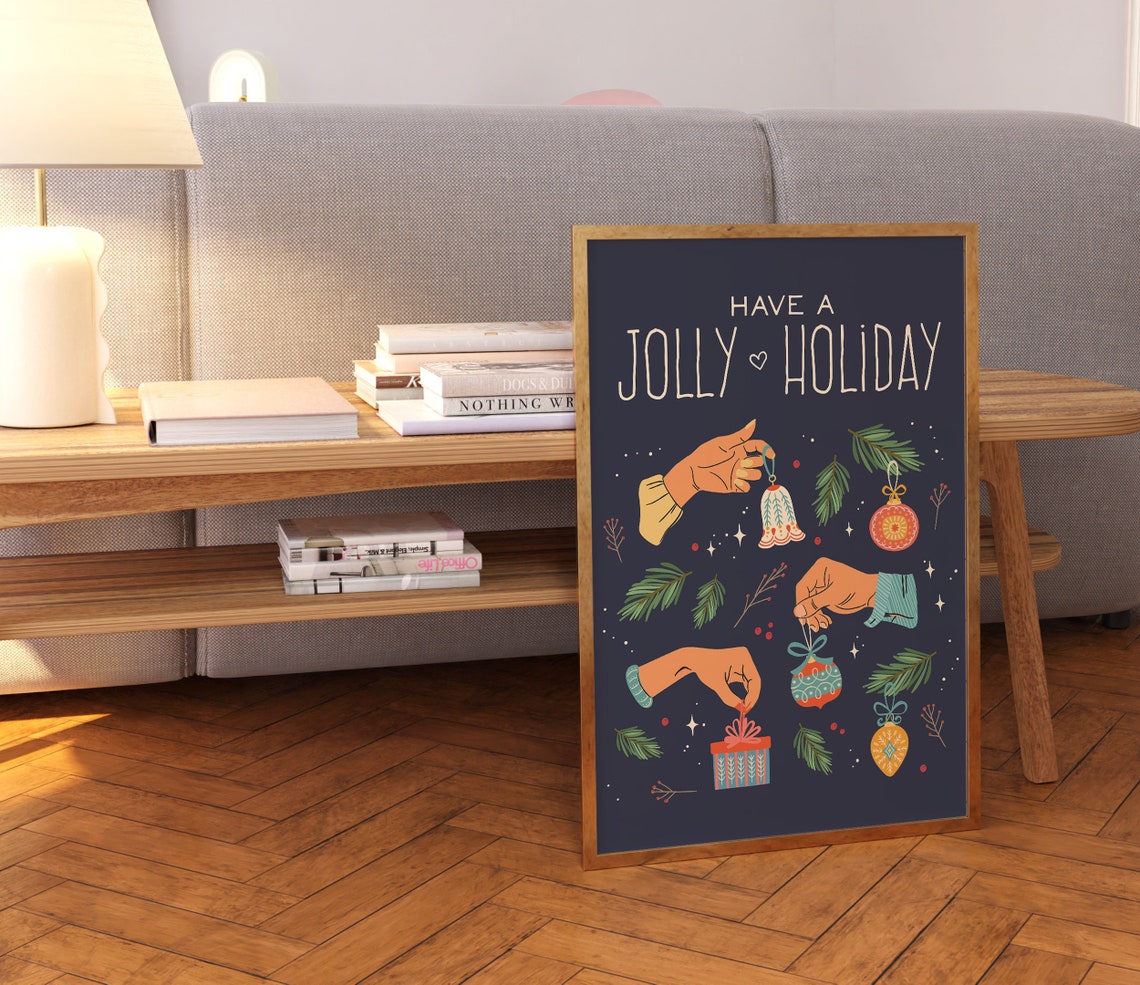 Have A Jolly Holiday Hands Hanging Bright Ornaments Navy Wall Art - Image 2
