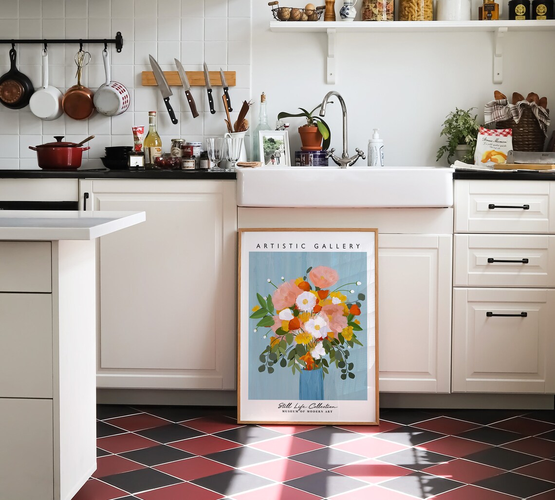 Pink Orange Flower Bouquet Blue Vase Still Life Modern Gallery Poster - Image 3