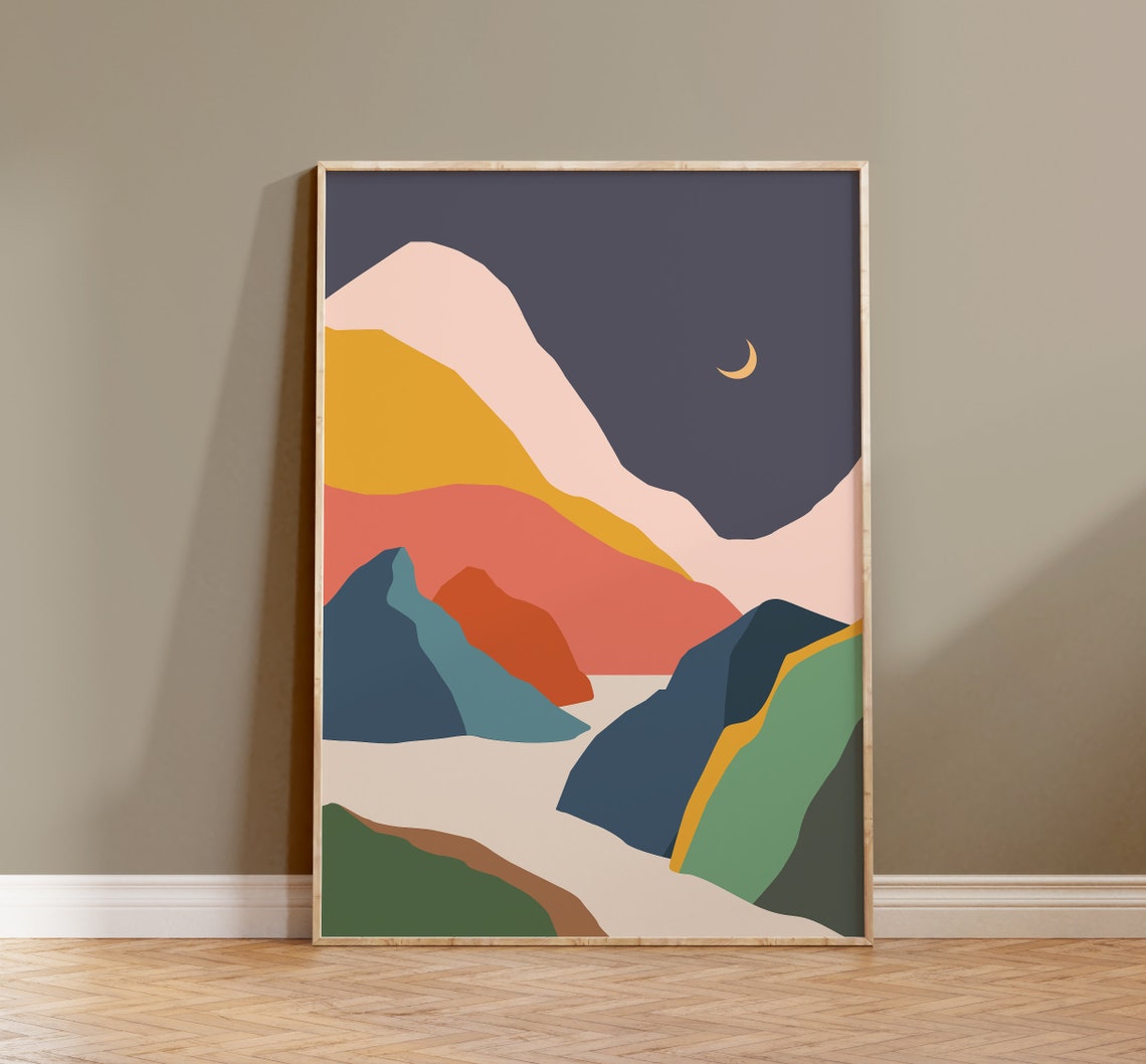 Colorful Night Mountains Crescent Moon Abstract Boho Art Print