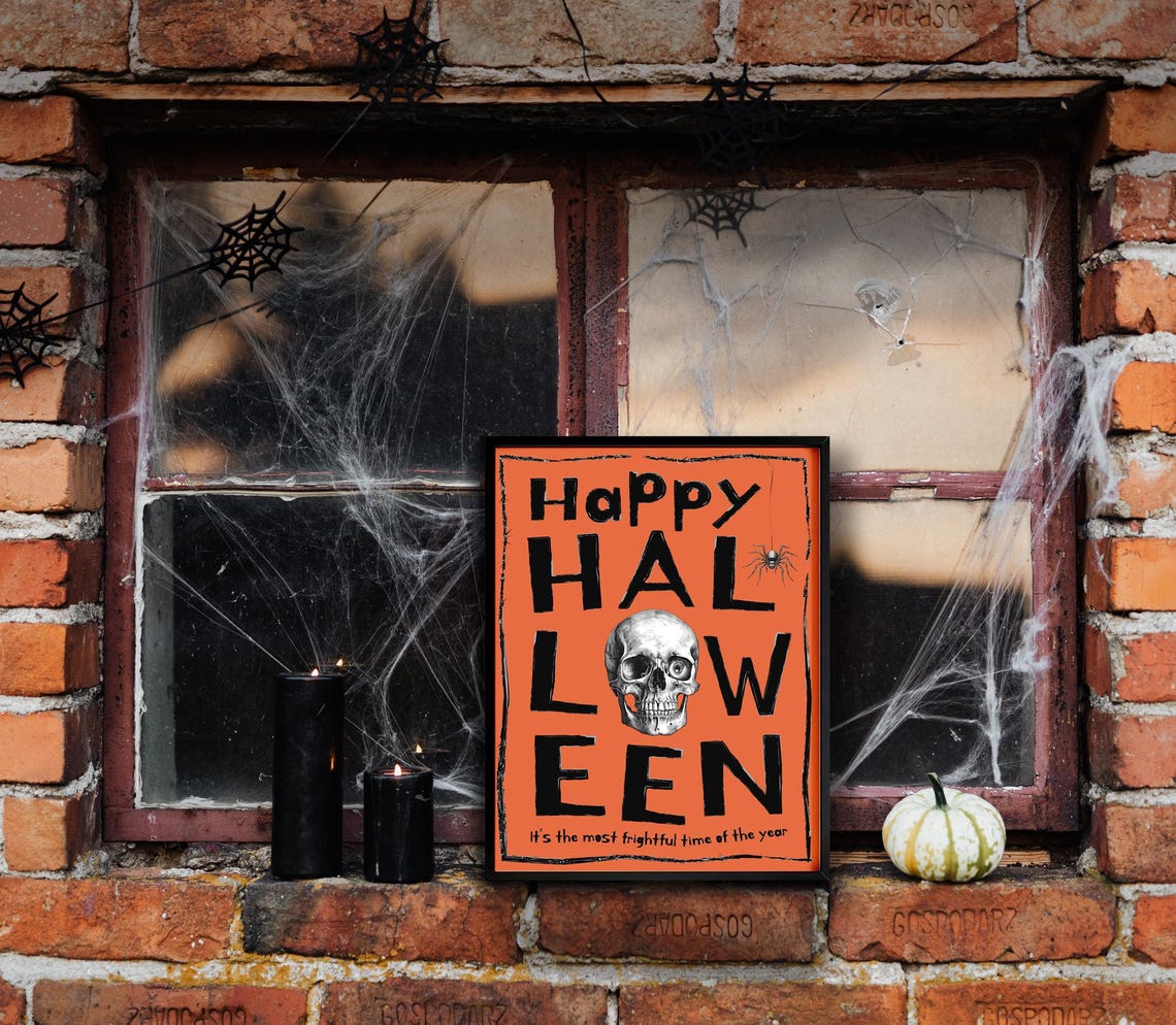 Happy Halloween Skull And Spider Bold Orange Spooky Wall Art - Image 4