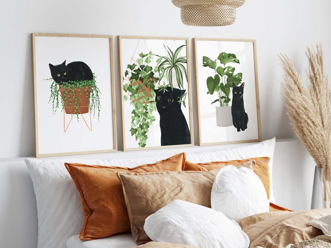 Black Cat Plants Watercolor Cat Lover Art Print - Image 2