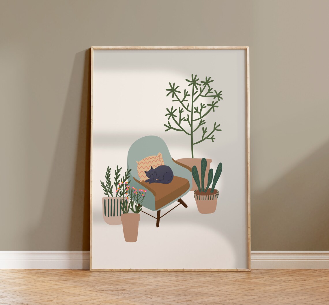 Cat Plant Illustration Botanical Wall Art Print