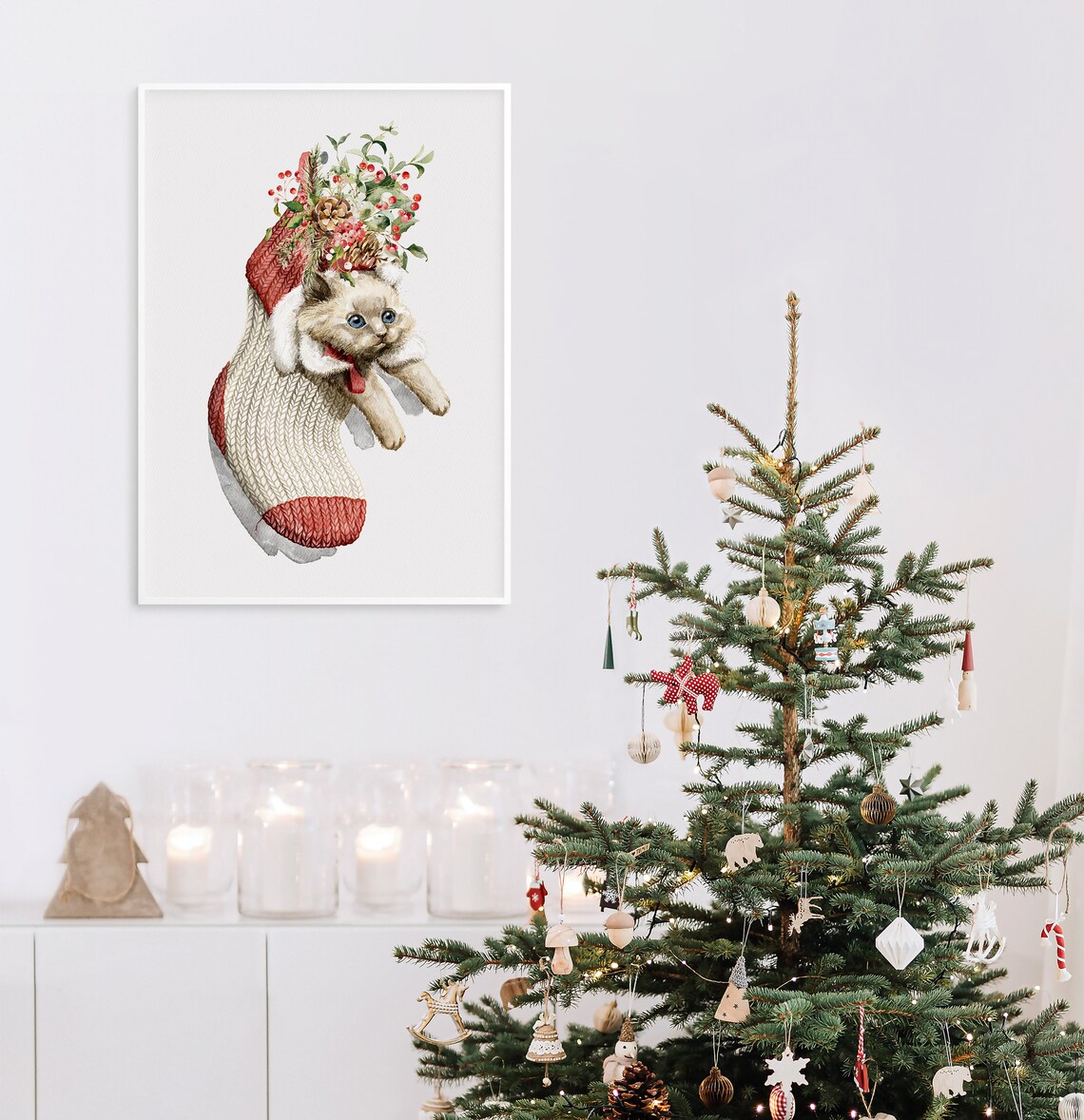 Blue Eyed Kitten Peeking From Knitted Christmas Stocking Poster - Image 3