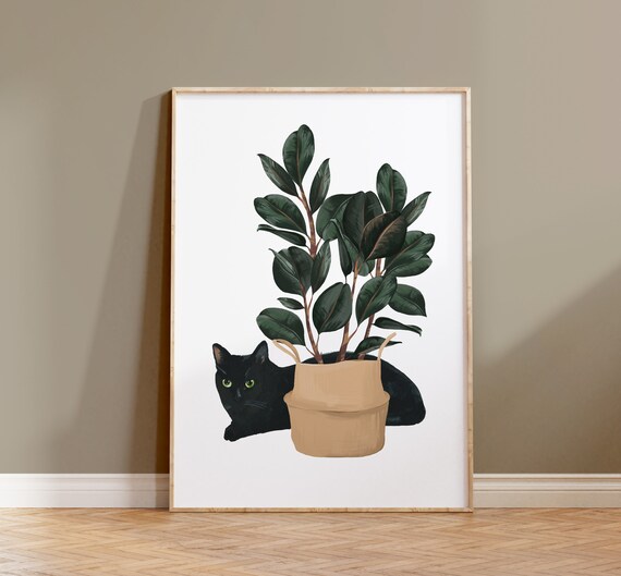 Black Cat and House Plant Watercolor Cat Print