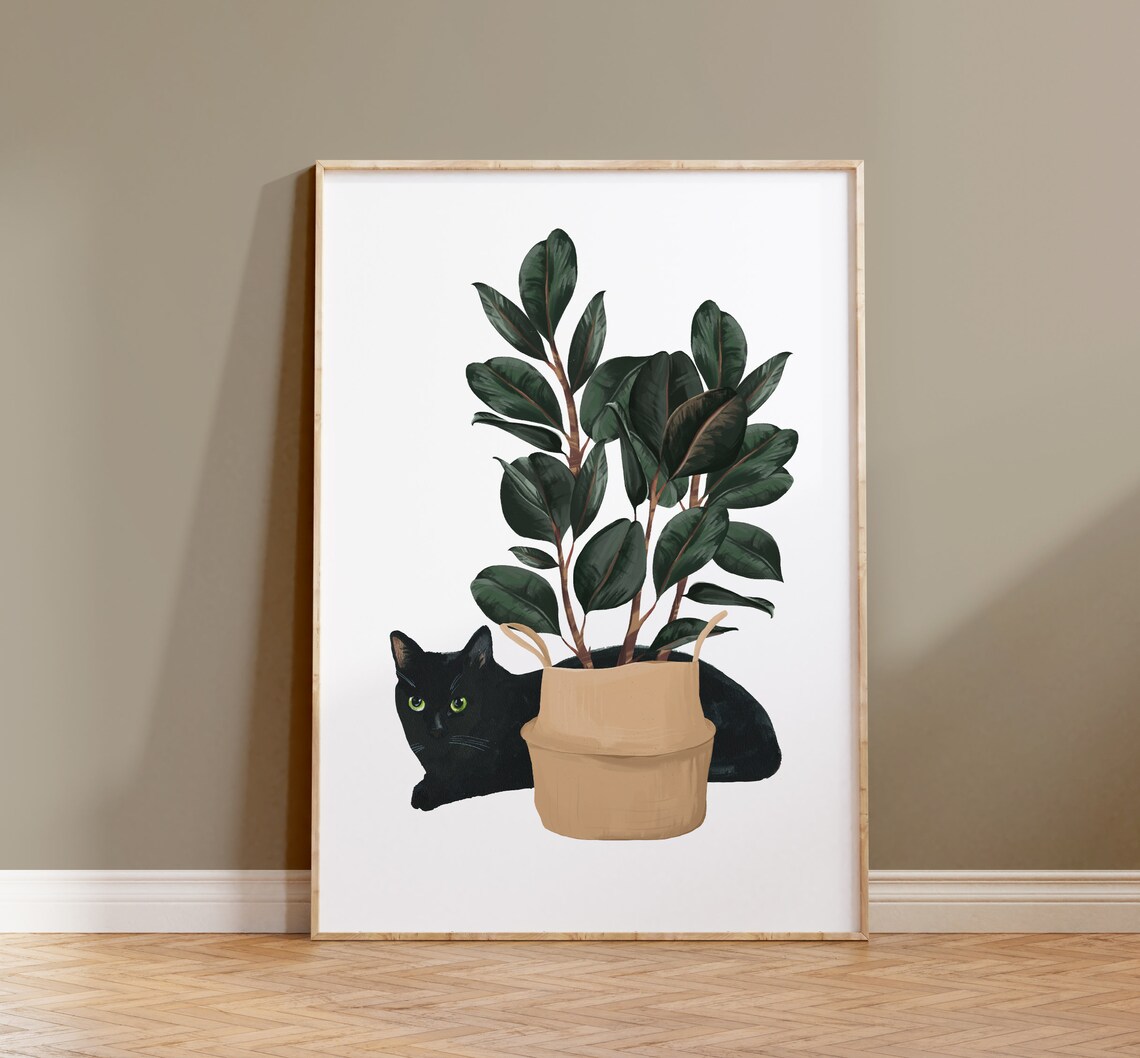 Black Cat and House Plant Watercolor Cat Print