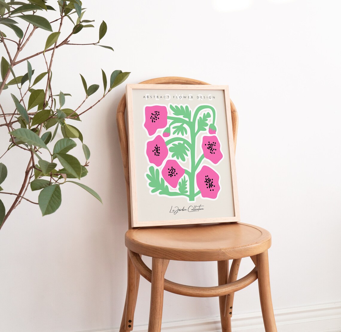 Bold Abstract Pink Poppies Green Stems Modern Floral Art Print - Image 4