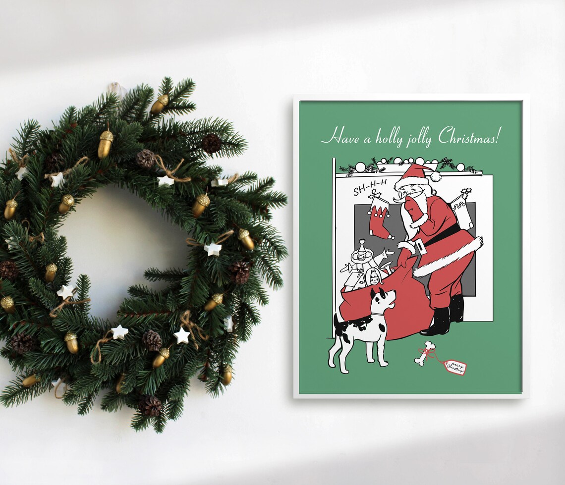 Retro Santa And Puppy Share Holly Jolly Christmas Green Wall Art - Image 3
